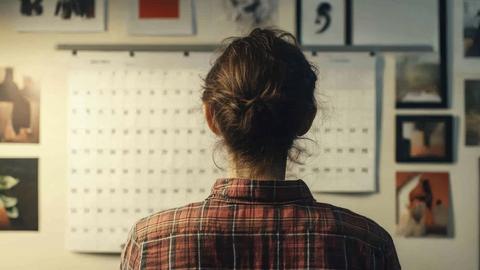 person looking at wall calendar