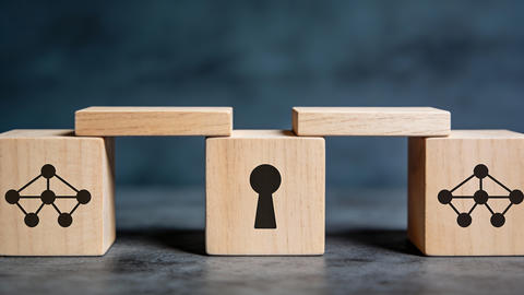 Cybersecurity access bridge concept with wooden blocks network icons and central keyhole 