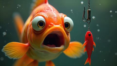 surprised goldfish looking at a baited hook