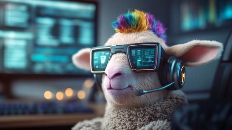 sheep wearing glasses and headset in front of computer