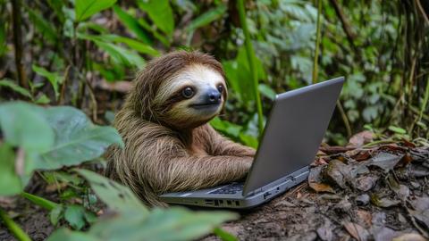 in a forest setting, a sloth sitting at a laptop