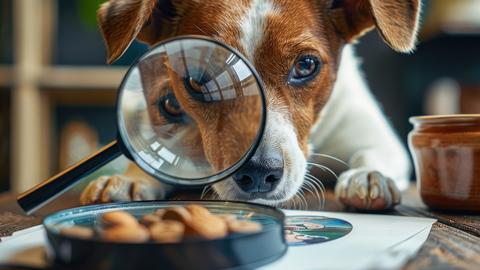 dog looking through a magnifying glass at items on a table