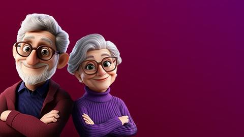 Cartoon-like older couple standing back to back