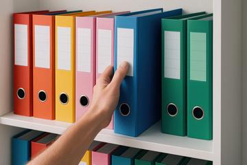 colorful binders on a shelf