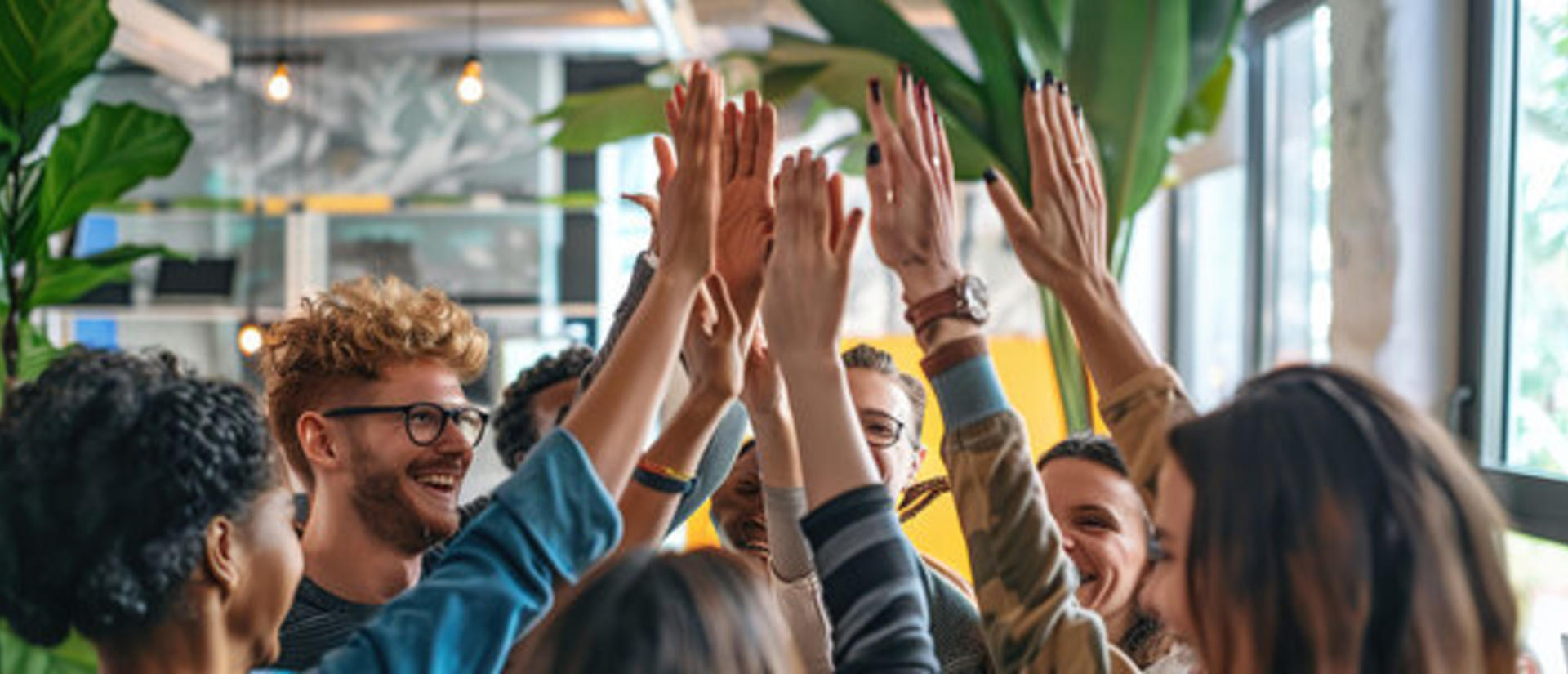 group of people high fiving
