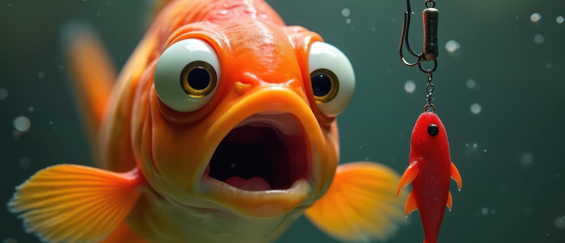 surprised goldfish looking at a baited hook
