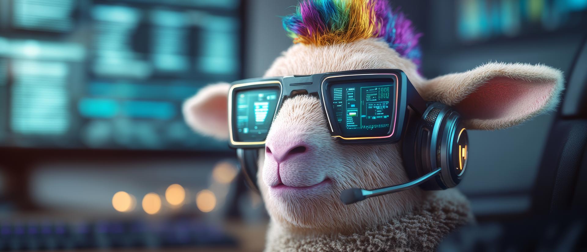 sheep wearing glasses and headset in front of computer