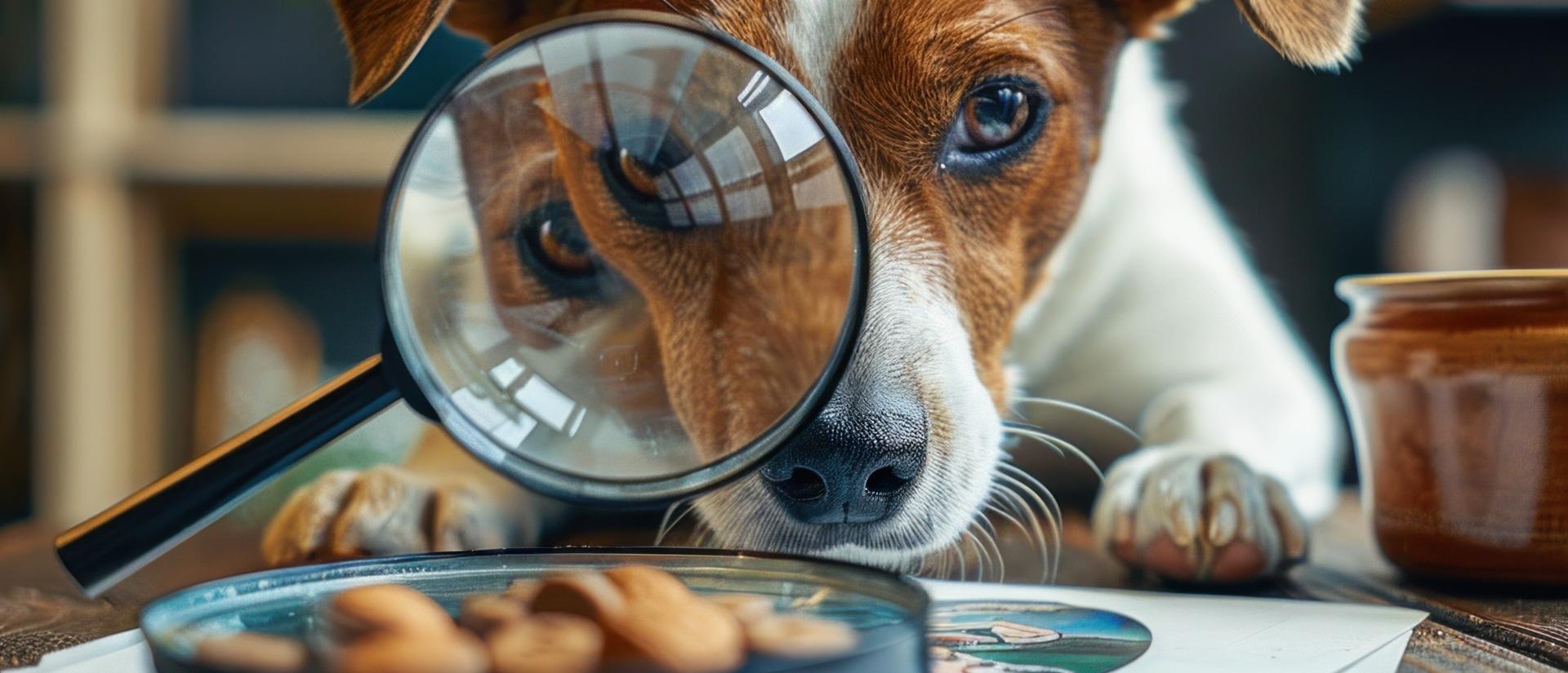 dog looking through a magnifying glass at items on a table
