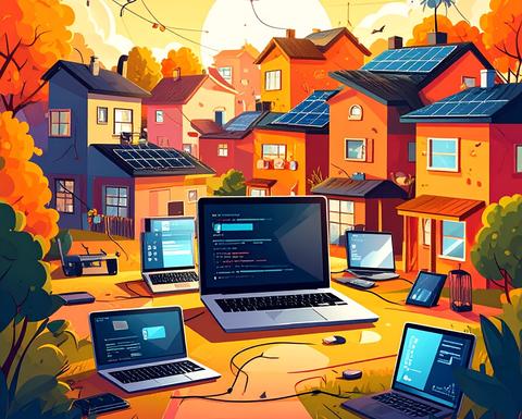cartoon neighborhood filled with laptops