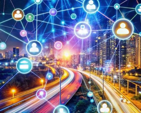 blurred highway at nighttime with icons images floating overhead
