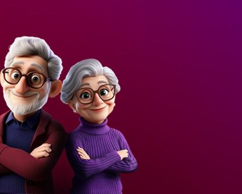 Cartoon-like older couple standing back to back